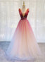 Red Gradient Tulle Beaded Long Prom Dress Prom Dress, V Neckline Prom Dresses