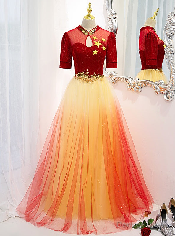 Red Gradient Tulle Short Sleeve Prom Dresses Main image