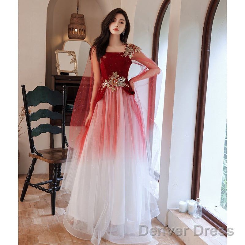 Red Gradient Tulle With Flowers Long Wedding Party Dress, Red Formal Dress