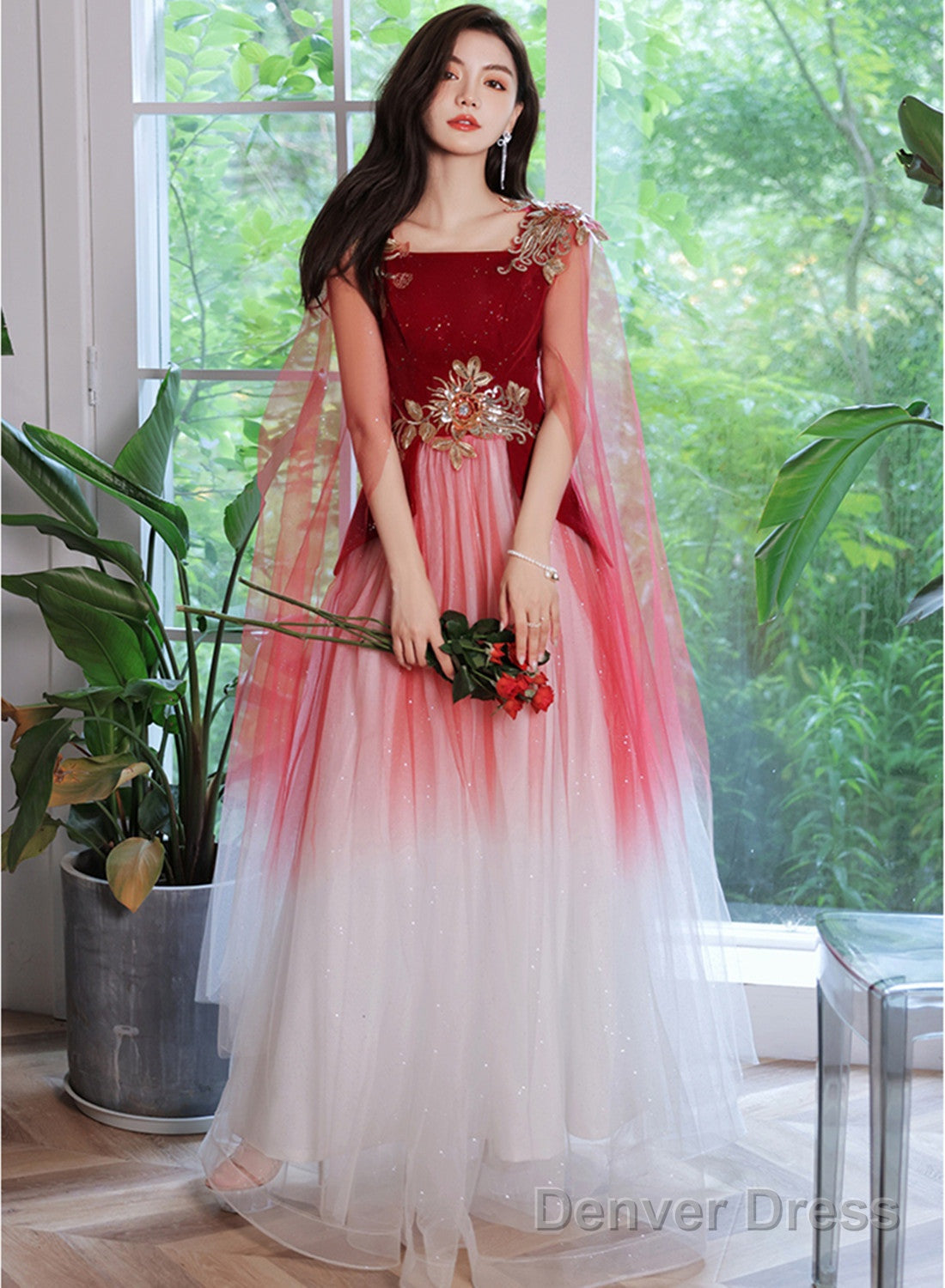 Red Gradient Tulle With Flowers Long Wedding Party Dress, Red Formal Dress