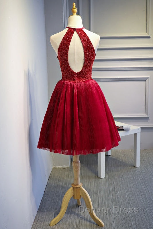 Red Halter Beaded Short Prom Dress, Beaded And Sequined Prom Dress, Homecoming Dresses Secondary image