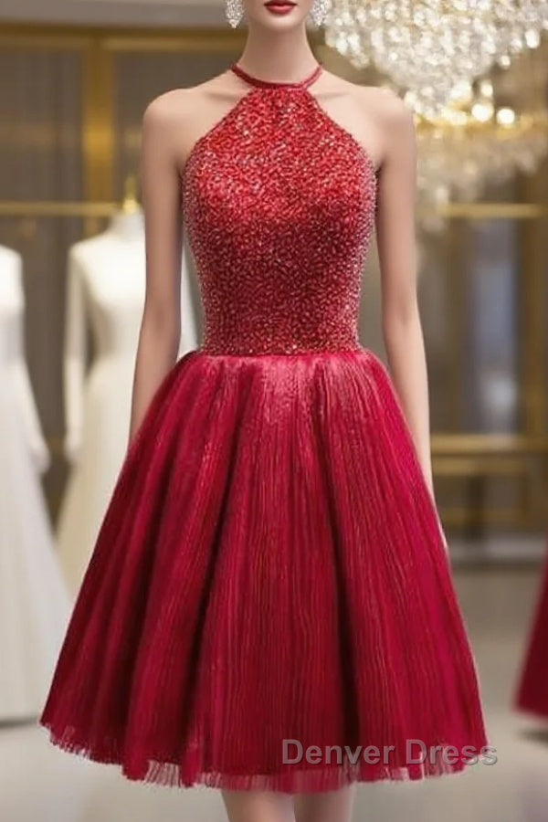 Red Halter Beaded Short Prom Dress, Beaded And Sequined Prom Dress, Homecoming Dresses Main image