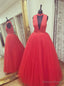 Red Halter Deep V Neck Tulle Floor Length Prom Dresses