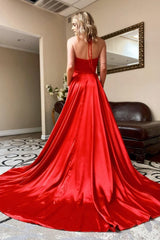 red halter v neck a line simple prom dress with pockets