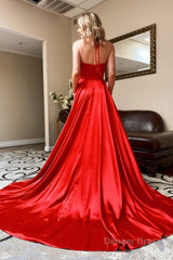 red halter v neck a line simple prom dress with pockets