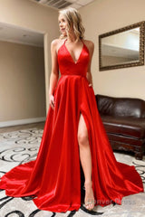 red halter v neck a line simple prom dress with pockets