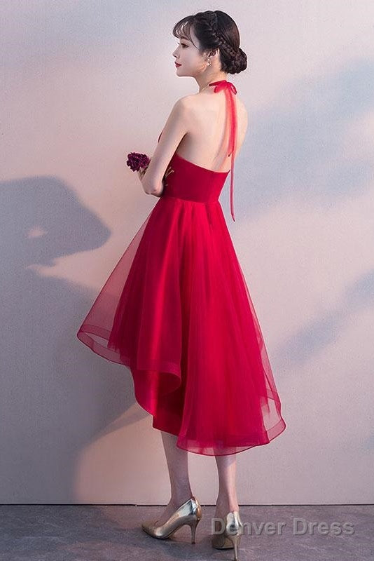Red High Low Halter Stylish Prom Dress, Cute Prom Dresses