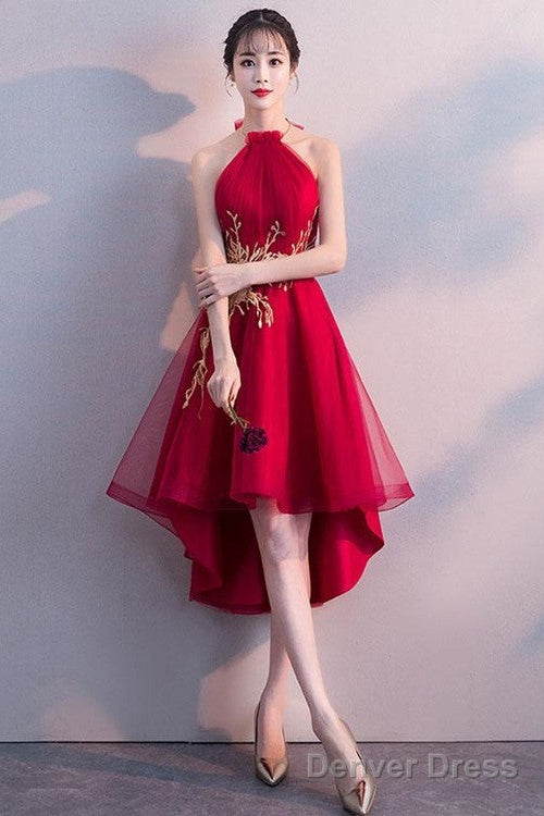Red High Low Halter Stylish Prom Dress, Cute Prom Dresses Main image