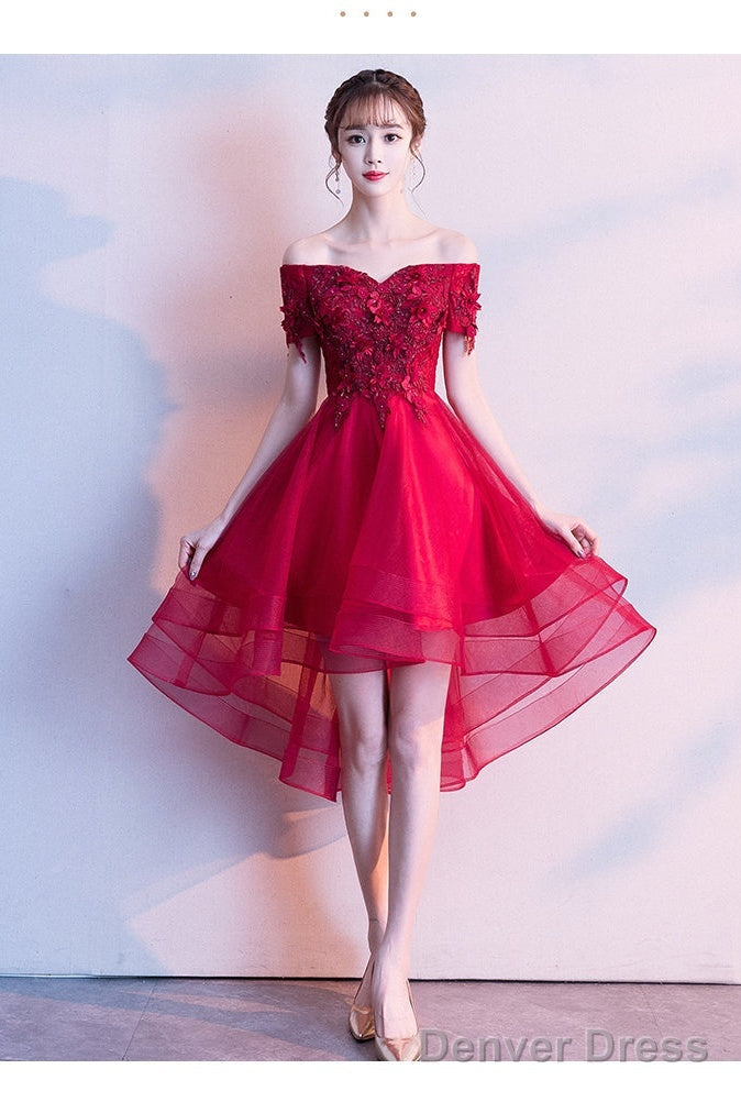 Red High Low Lace Flowers Tulle Off Shoulder Prom Dress, Red Prom Dress Secondary image
