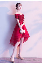 Red High Low Lace Flowers Tulle Off Shoulder Prom Dress, Red Prom Dress
