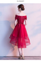 Red High Low Lace Flowers Tulle Off Shoulder Prom Dress, Red Prom Dress