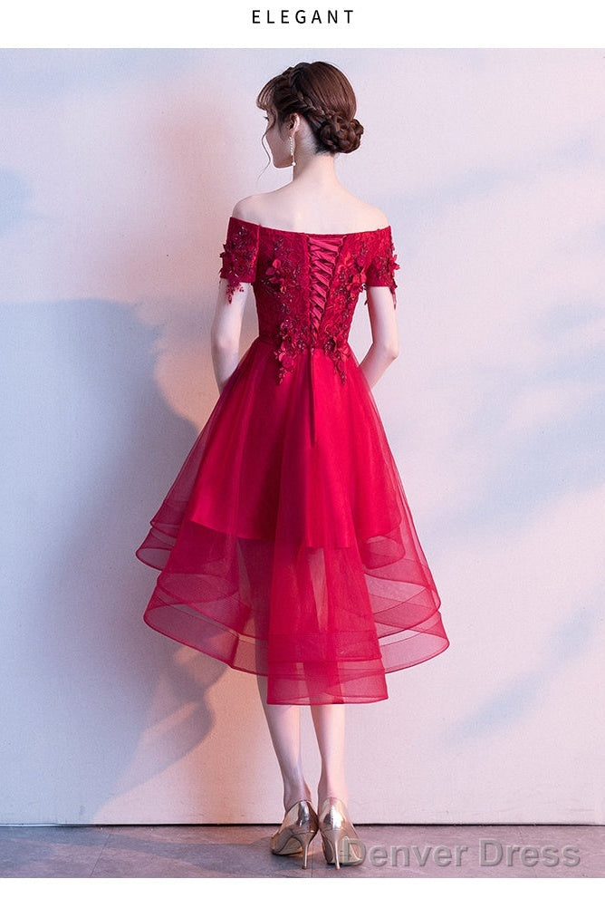 Red High Low Lace Flowers Tulle Off Shoulder Prom Dress, Red Prom Dress