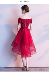 Red High Low Lace Flowers Tulle Off Shoulder Party Dress, Red Party Dress Formal Dresses