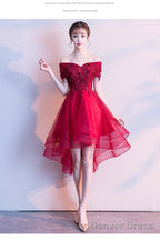 Red High Low Lace Flowers Tulle Off Shoulder Party Dress, Red Party Dress Formal Dresses