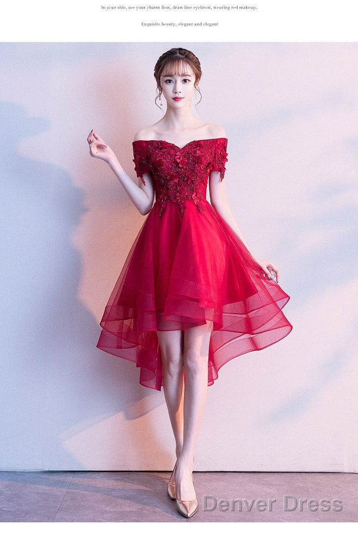 Red High Low Lace Flowers Tulle Off Shoulder Party Dress, Red Party Dress Formal Dresses