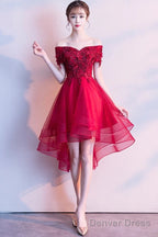 Red High Low Lace Flowers Tulle Off Shoulder Party Dress, Red Party Dress Formal Dresses