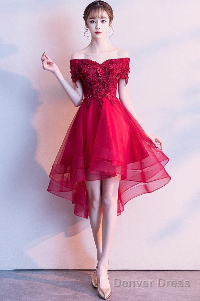 Red High Low Lace Flowers Tulle Off Shoulder Party Dress, Red Party Dress Formal Dresses