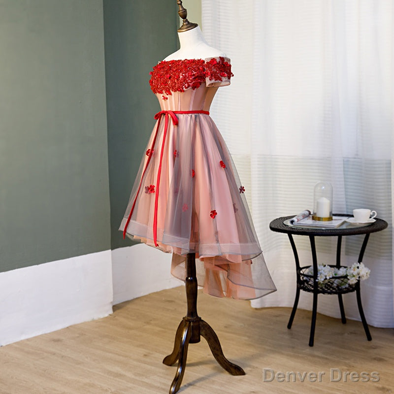 Red High Low Tulle Off Shoulder Prom Dress, Red Homecoming Dresses