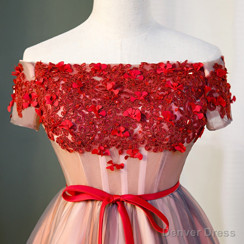 Red High Low Tulle Off Shoulder Prom Dress, Red Homecoming Dresses