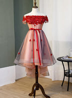 Red High Low Tulle Off Shoulder Prom Dress, Red Homecoming Dresses