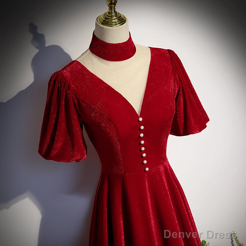 Red High Neckline Velvet Long Prom Dress, Red Short Sleeves Velvet Prom Dresses