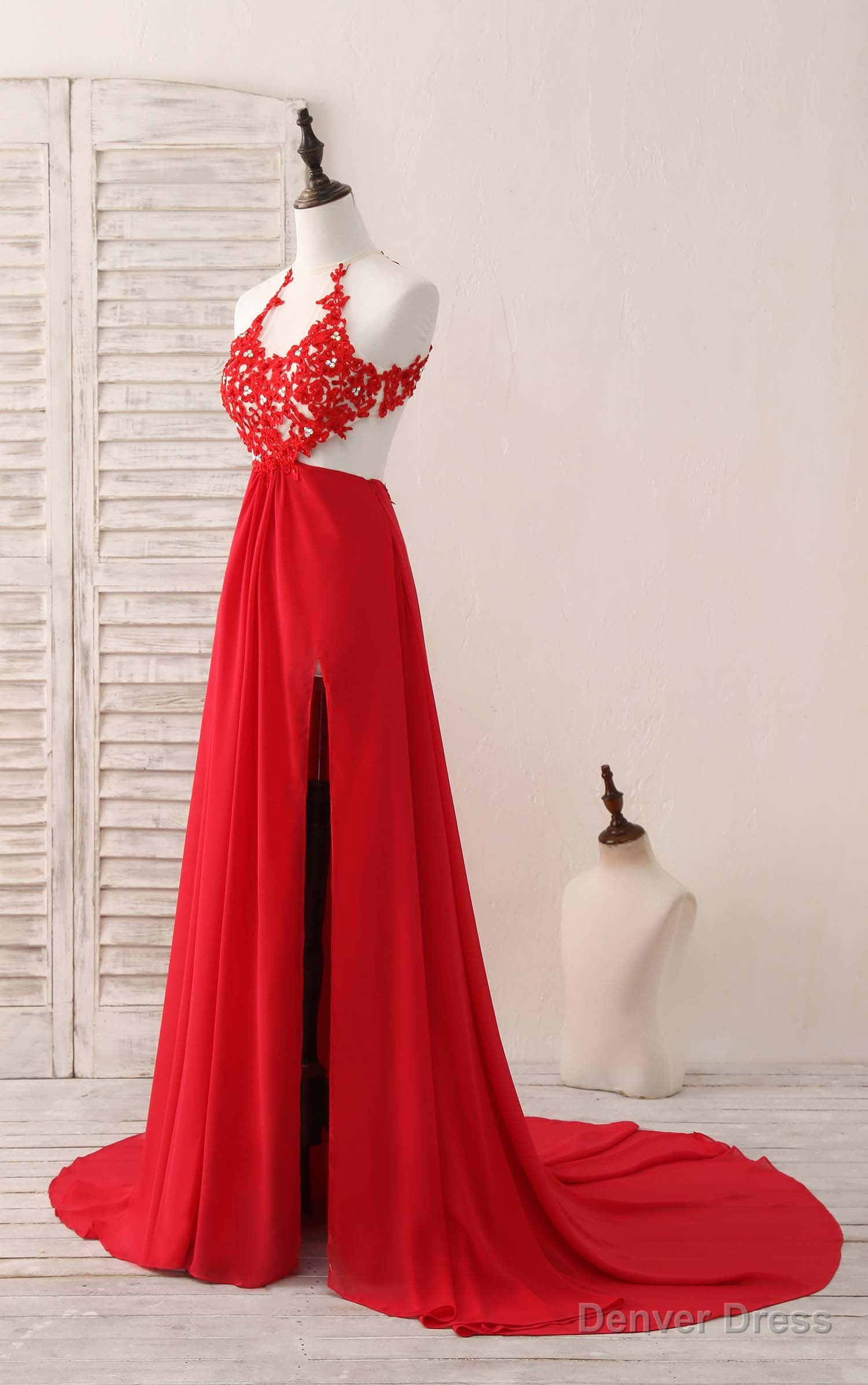 Red Hight Neck Chiffon Lace Applique Long Prom Dress, Red Formal Dress Secondary image