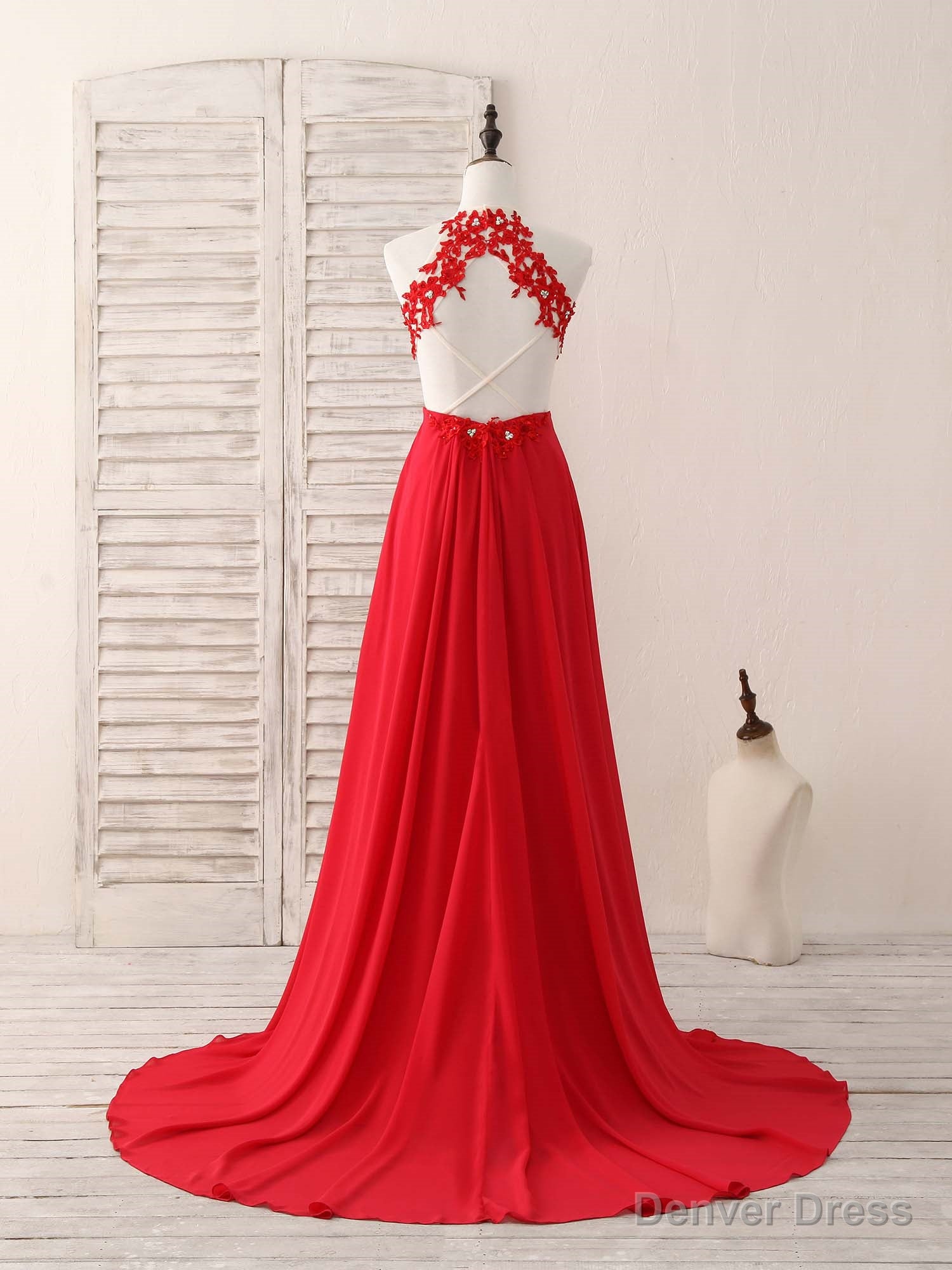 Red Hight Neck Chiffon Lace Applique Long Prom Dress, Red Formal Dress