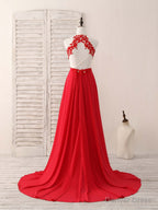 Red Hight Neck Chiffon Lace Applique Long Prom Dress, Red Prom Dresses