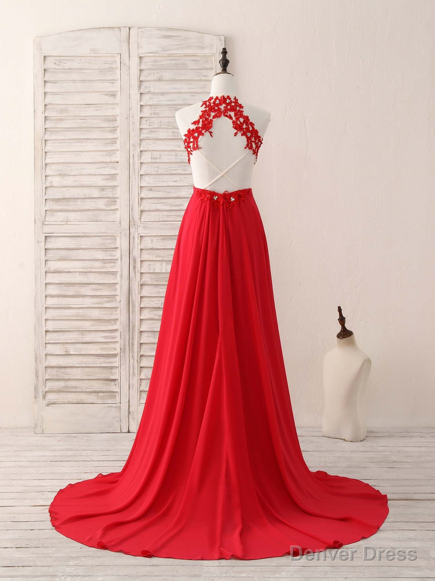 Red Hight Neck Chiffon Lace Applique Long Prom Dress, Red Prom Dresses