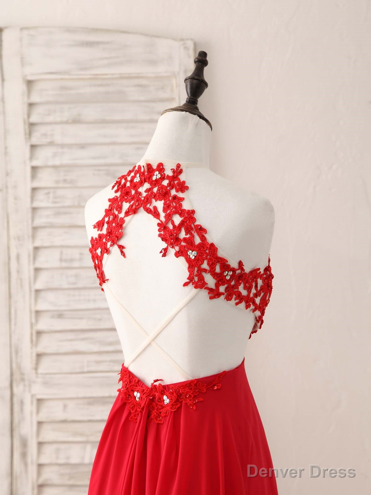 Red Hight Neck Chiffon Lace Applique Long Prom Dress, Red Prom Dresses