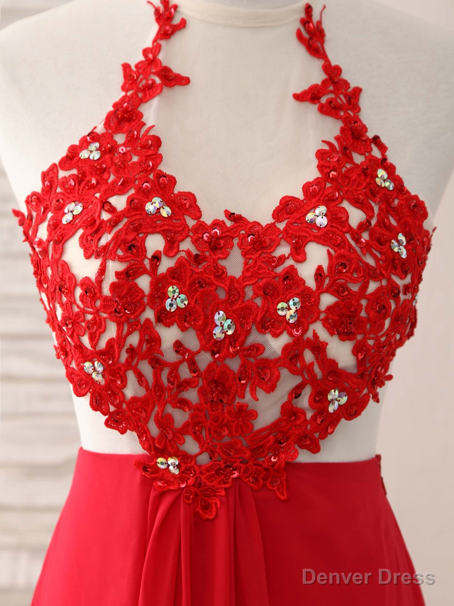 Red Hight Neck Chiffon Lace Applique Long Prom Dress, Red Formal Dress