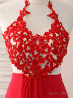 Red Hight Neck Chiffon Lace Applique Long Prom Dress, Red Prom Dresses
