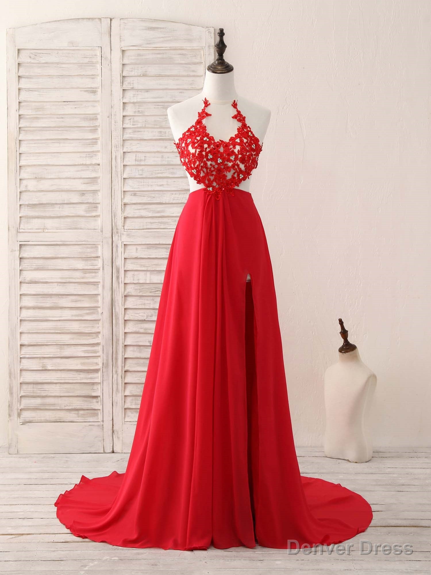 Red Hight Neck Chiffon Lace Applique Long Prom Dress, Red Prom Dresses