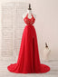 Red Hight Neck Chiffon Lace Applique Long Prom Dress, Red Prom Dresses