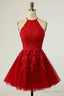 Red Homecoming Dresses Halter Sleeveless Applique A-Line Mini Prom Dresses