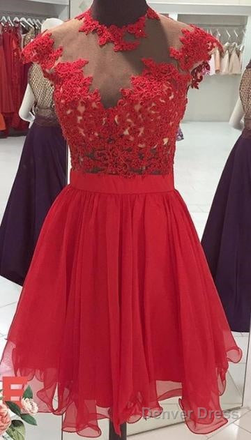 Red Homecoming Dresses With Lace Appliques Beaded High Collar Graduation Prom Gown Main image