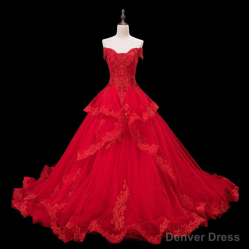 Red Lace and Tulle Gorgeous Off Shoulder Princess Sweet 16 Dress, Red Formal Gown Secondary image