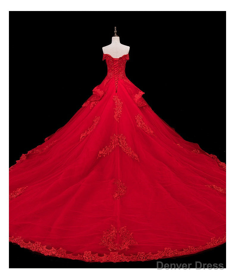 Red Lace and Tulle Gorgeous Off Shoulder Princess Sweet 16 Dresses, Red Prom Gowns