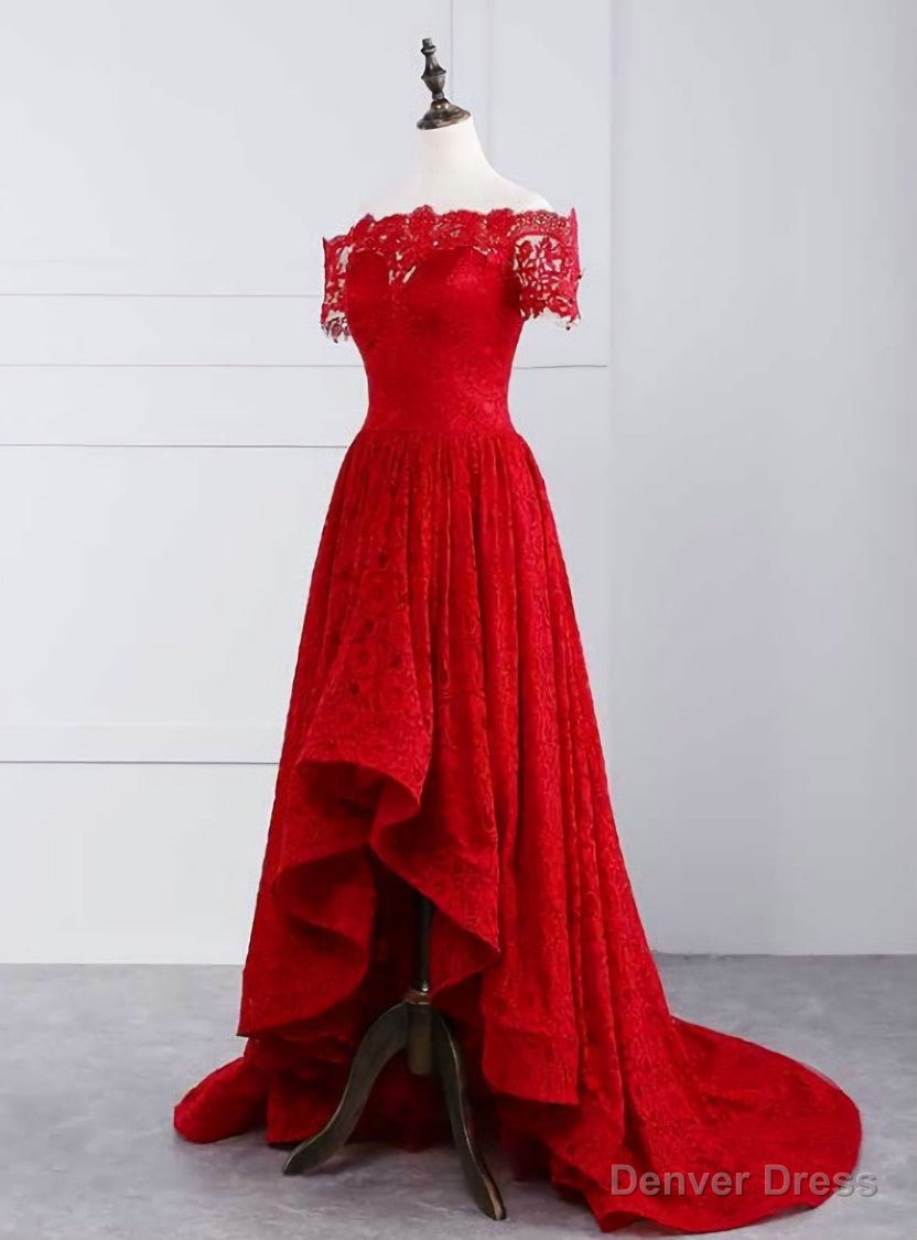Red Lace Off The Shoulder Short Sleeve Prom Dresses
