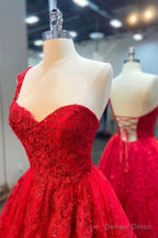 Red Lace Long A Line Prom Dress, One Shoulder Prom Dresses