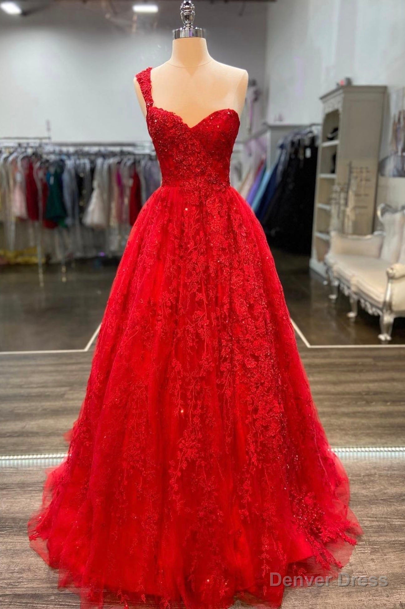 Red Lace Long A Line Prom Dress, One Shoulder Prom Dresses Main image