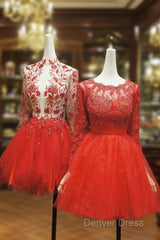 Red Lace Long Prom Dresses Red Tulle Lace Short Prom Dresses