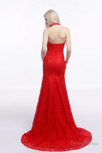Red Lace Mermaid Halter Backless Long Prom Dresses