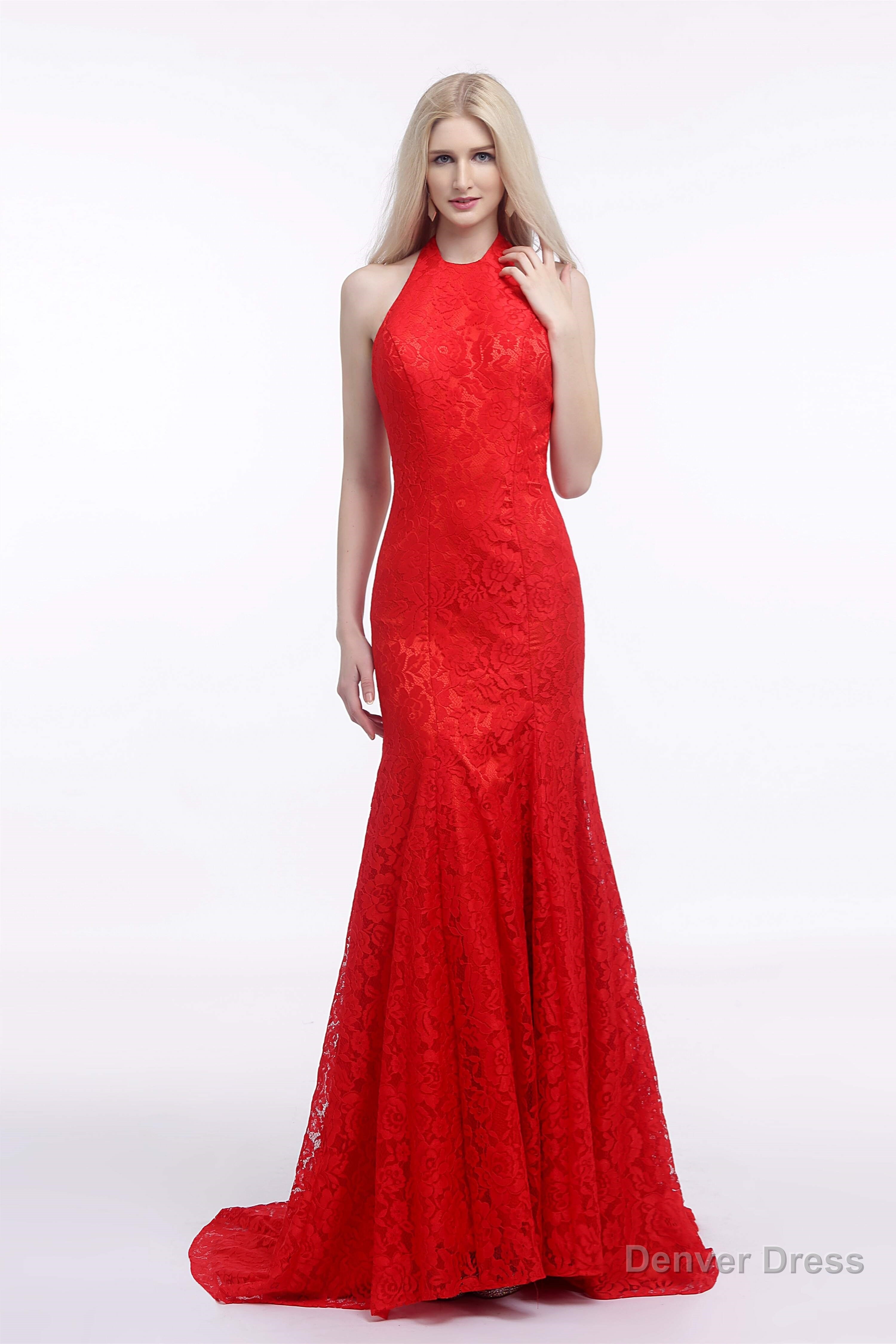 Red Lace Mermaid Halter Backless Long Prom Dresses Main image
