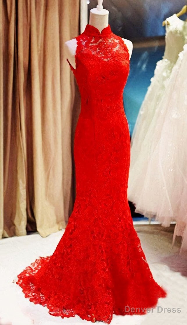 Red Lace Mermaid Long Formal Gown, Red Bridesmaid Dress Secondary image