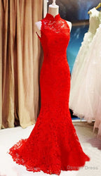 Red Lace Mermaid Long Prom Gowns, Red Bridesmaid Dresses