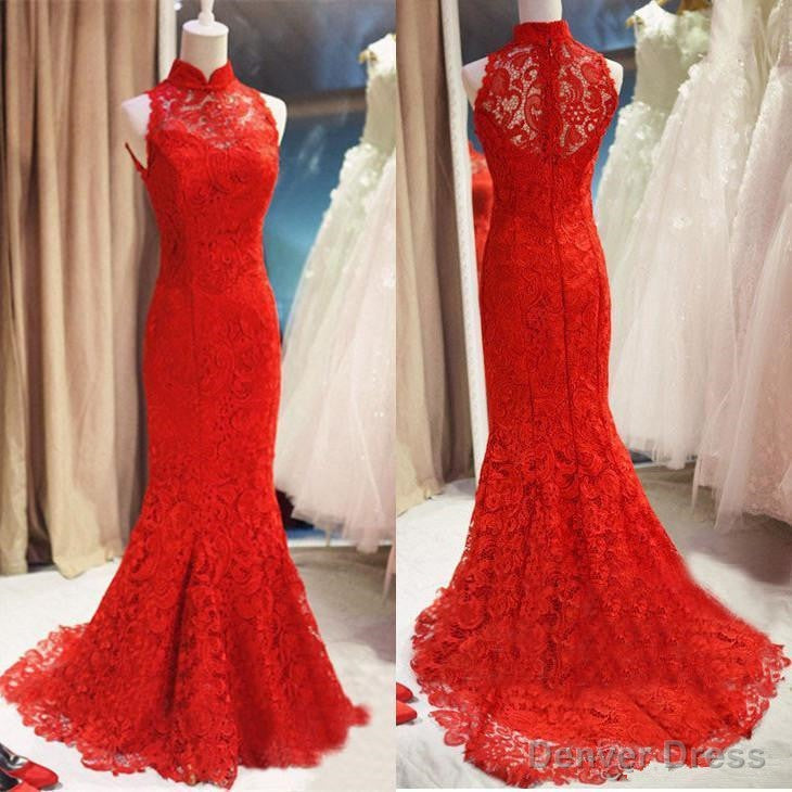 Red Lace Mermaid Long Formal Gown, Red Bridesmaid Dress Main image