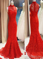 Red Lace Mermaid Long Prom Gowns, Red Bridesmaid Dresses