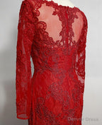 Red Lace Mermaid Long Sleeves Prom Gowns, Red Lace Wedding Prom Dresses
