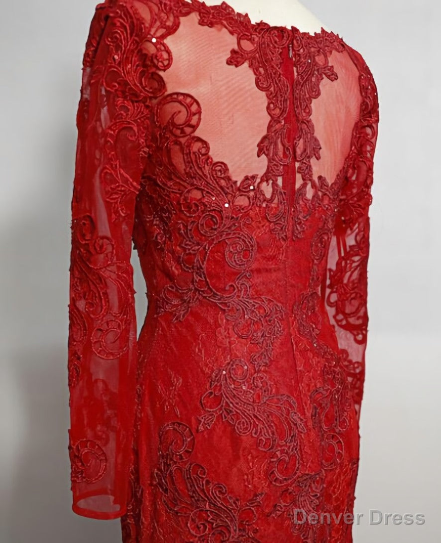 Red Lace Mermaid Long Sleeves Prom Gowns, Red Lace Wedding Prom Dresses